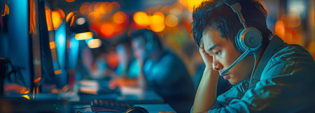 Thai Asian call centre employees have headaches and migraines as a result of working late shifts to assist clients at night.の素材