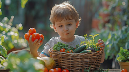 Youngster consuming fresh organic vegetables from an antique wicker basket at the backyard table.の素材