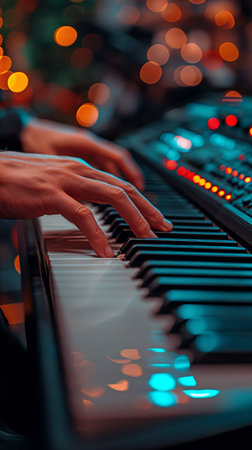 A musician is shown in a close-up photo using a piano keyboard.の素材