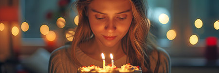 Girl at home with candle-holding birthday cakeの素材