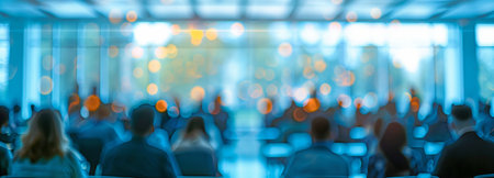 People working in a training room, concept for education, and business seminar are abstractly blurred.の素材