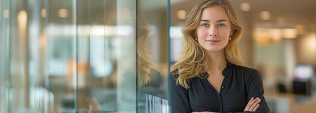 Blond businesswoman reclining against the office's glass wall with her arms crossedの素材