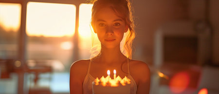 Girl at home with candle-holding birthday cakeの素材