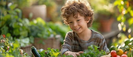 Youngster consuming fresh organic vegetables from an antique wicker basket at the backyard table.の素材