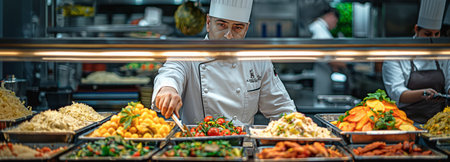 Behind a fully stocked lunch service station with trays filled with a variety of meals is the chef.の素材