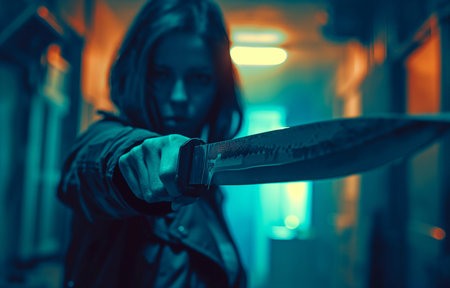 A dangerous criminal is armed with a knife. Crime committed by women is increasing.の素材