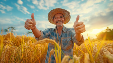contented Asian farmers standing in a golden, fully grown rice field that is ready for harvest, with one hand raising the thumb and the other holding a sickle.の素材