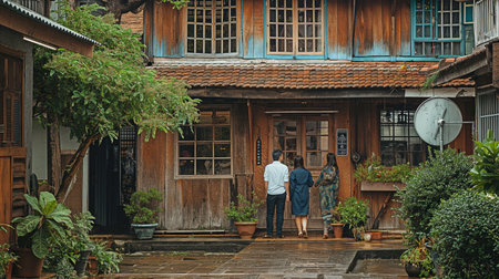 Asian businesspeople in front of an antique wooden house on the streetの素材