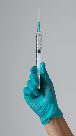A doctor's or nurse's hand with a syringe and vaccination. Gloved researcher hand clutching fluの素材