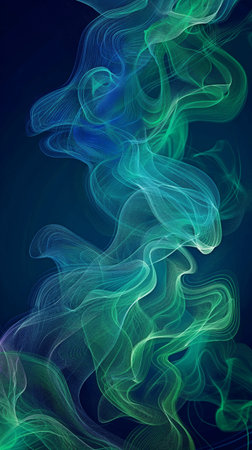 dynamic wave lines in blue and green hues separated on a black background for ideaの素材