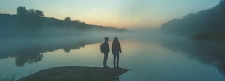 There are two folks along the river. mist across the river. early in the dayの素材