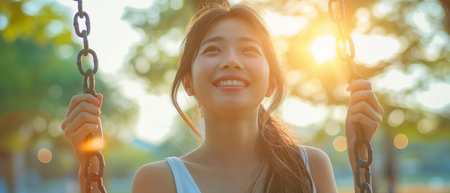 A joyful Asian woman enjoying a swing game outside in a parkの素材