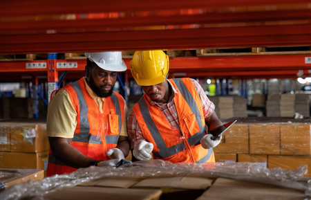 Foreman and worker in warehouse checking carton box barcode store at steel shelf ready to deliverの写真素材