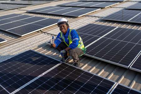 Engineer on rooftop sitting next to solar panels photo voltaic smiling portrait