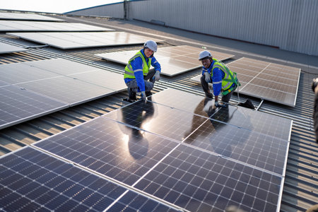 Engineer on rooftop kneeling next to solar panels photo voltaic with tool in hand for installation