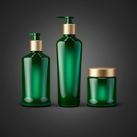 Mockup of cosmetic bottles isolated on black background. 3d illustrationの素材