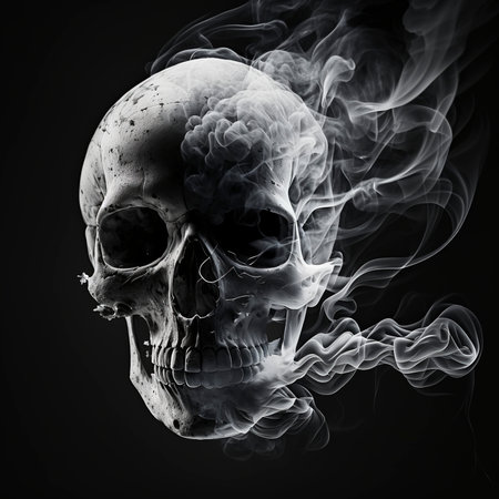 Skull in smoke isolated on black background. 3d illustration.の素材