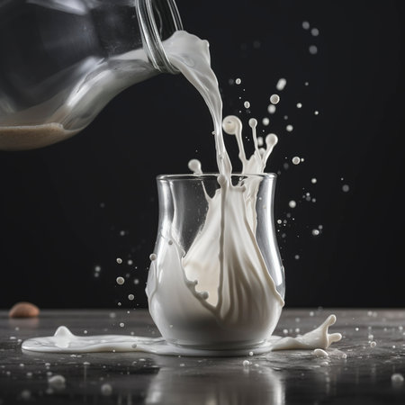 Pouring milk into glass on black background, closeup. Dairy productの素材