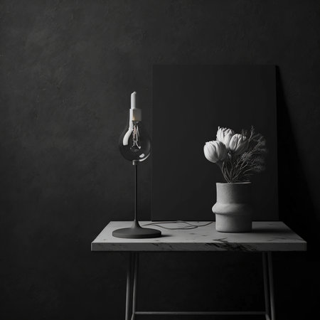 Vase with tulip flowers on table against black wall. Mock upの素材
