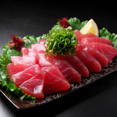 Tuna sashimi on a black background. Japanese food.の素材