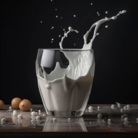 Milk splash in a glass on a black background. Copy space.の素材