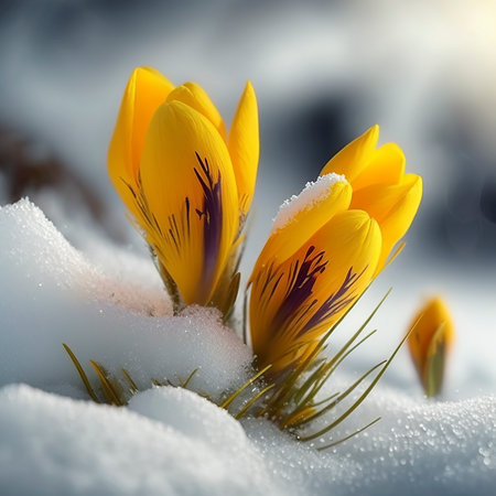 Spring crocus flowers in the snow. Beautiful nature scene with blooming crocus flowers.の素材