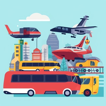 Flat design vector illustration concept of traveling around the world by bus, bus, airplane, helicopter, bus, train, bus.の素材