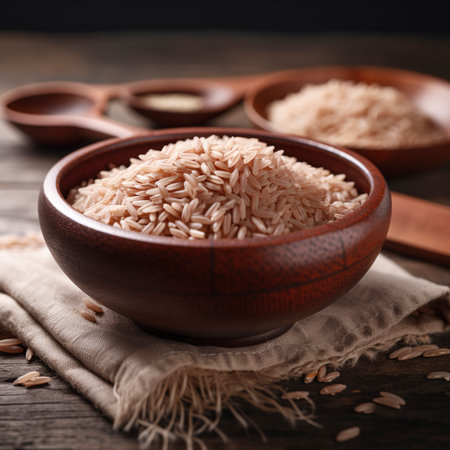 Wooden bowl with uncooked brown rice on table, closeupの素材