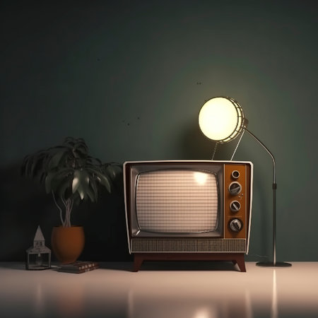 Retro TV with lamp on the wall. 3D rendering.の素材