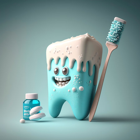 Tooth with toothpaste and toothbrush 3d render on blue backgroundの素材