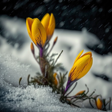 Yellow crocus flowers in the snow under the rain. Toned.の素材