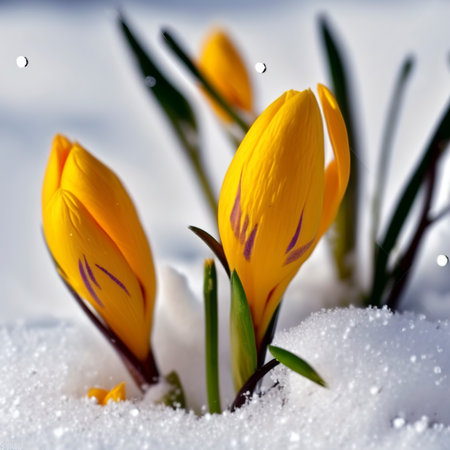 Crocus flowers in the snow. Early spring. Symbol of peace and joy.の素材