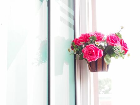 roses in the basket hanging by the windowの写真素材
