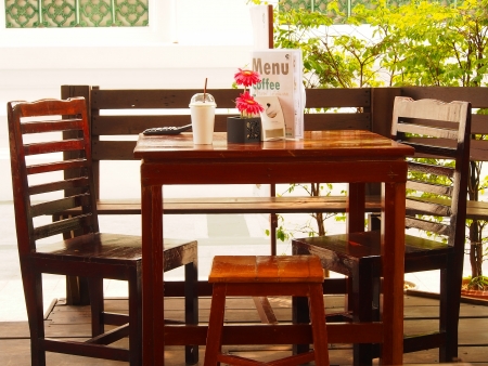 old-fashioned Cafe terrace with tables and chairs,bangkok thailandの写真素材
