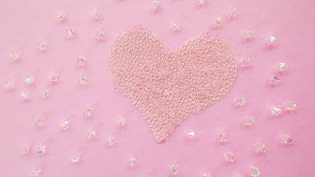 Shiny cute beads Valentines in heart paper on pink background. Copy space for text.