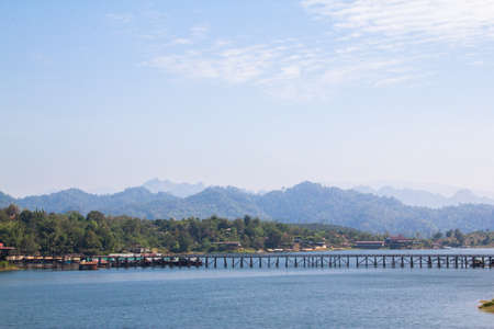 The famous wood bridge landscape view at Sangkhaburi, Thailand.の写真素材