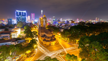 Night view Notre Dame Cathedral ( Saigon Notre-Dame Basilica )  located in the downtown of Ho Chi...
