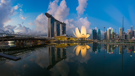 Singapore,Singapore â May 7 2016 : Aerial view of Singapore city skyline in sunrise or sunset at Marina Bay, Singaporeのeditorial素材