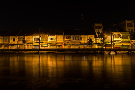 Ho Chi Minh City, Vietnam - September 4 2014 : Binh Dong wharf on Tau Hu canal at Ho Chi Minh City, Vietnam at night. This is also called Saigon old town with many old housesのeditorial素材