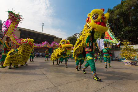 Ho Chi Minh City, Vietnam - February 18, 2015: A show of lion or dragon dance  at Pagoda, China Town, District 5, Cho Lon to praying heathty, safety and lucky during the lunar new year.のeditorial素材