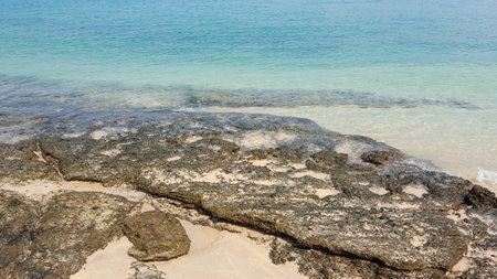 Rock beach and clear seawater in the tropical island