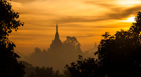 Silhouette, sunset in Mrauk U, Westhern Myanmarの写真素材
