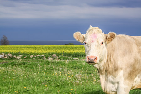 Cow in the foreground looking into the camera with the horizon over the sea in the backgroundの写真素材