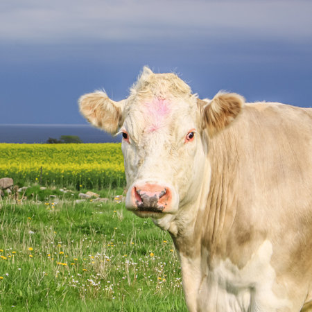 Cow in the foreground looking into the camera with the horizon over the sea in the backgroundの写真素材