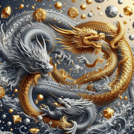 3d render of golden dragon with gold elements on a black backgroundの素材