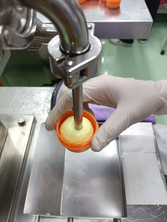 Close-up of a white gloved hand holding an orange cup holding yellow cream released from a filling machine.の写真素材