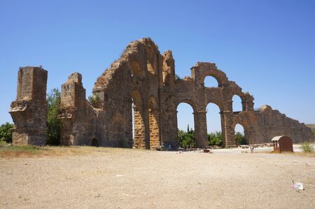 Full view of the ruins of a Roman aqueductの写真素材