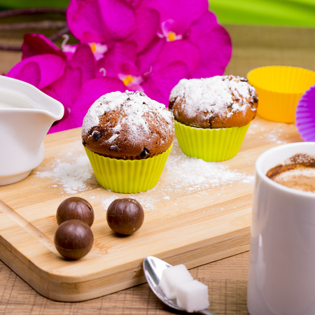 Bright Cupcake with icing sugar and chocolate on a colored background.の写真素材