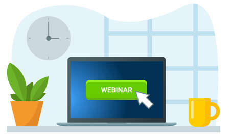 Online webinar, training, presentation. Business presentation, video streaming, video conferencing and communication. Flat illustration for online training webinar.のイラスト素材