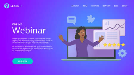 Online webinar website vector template, mock up for business conference announcement. Background and illustration for website concept design vector. Woman presenter in a computer lのイラスト素材